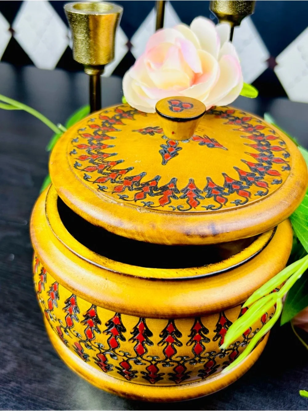 Romanian Wooden Box Hand Carved Poiana Brasov Folk Art Lidded Container Etched